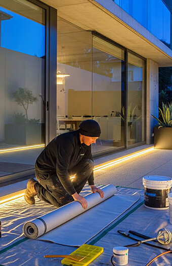 Plumber Unrolling Waterproofing Membrane